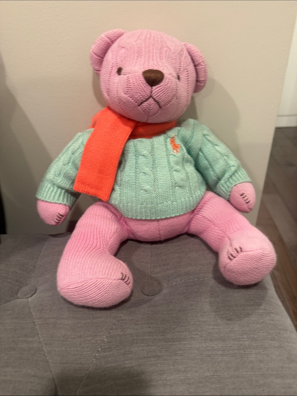 Ralph Lauren Pink Knit Teddy with Mint Sweater and Bright Salmon Color Scarf